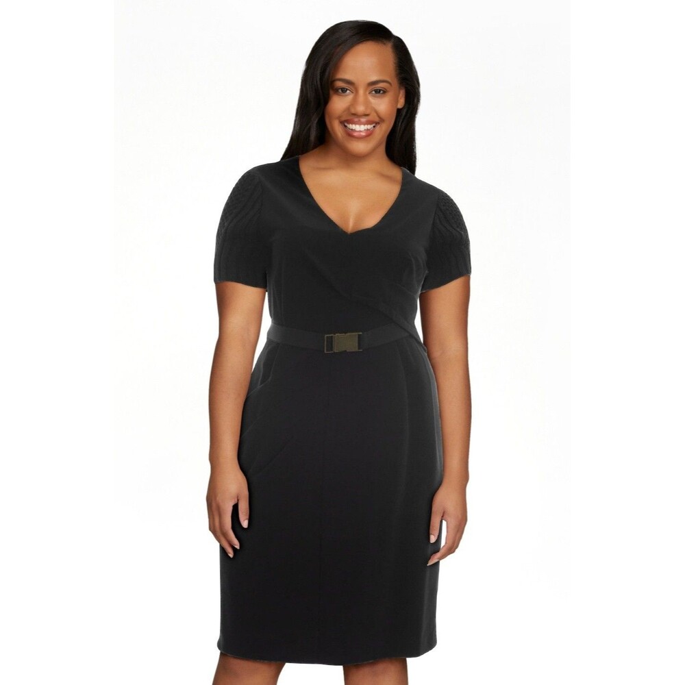 NEW NUE by Shani Black Dress with Knit Sleeves and Belt, Size 4 NWT $290 MSRP